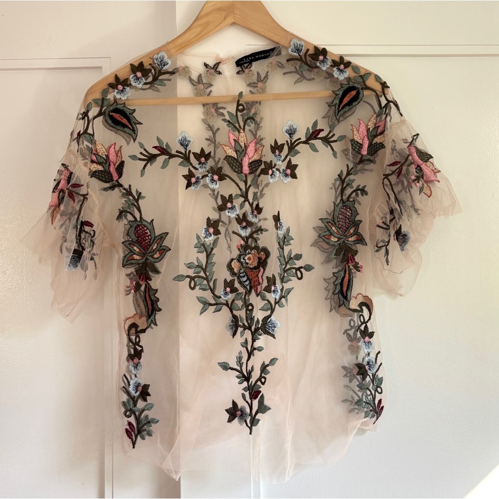 ZARA vintage sheer embroidered floral blouse